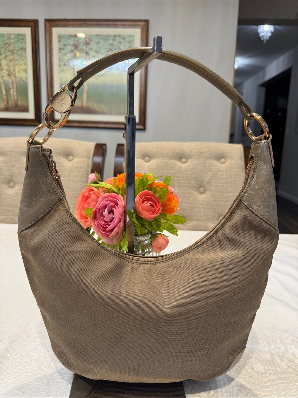 Authentic Gucci Taupe Hobo Shoulder Bag with Gold-Tone Hardware